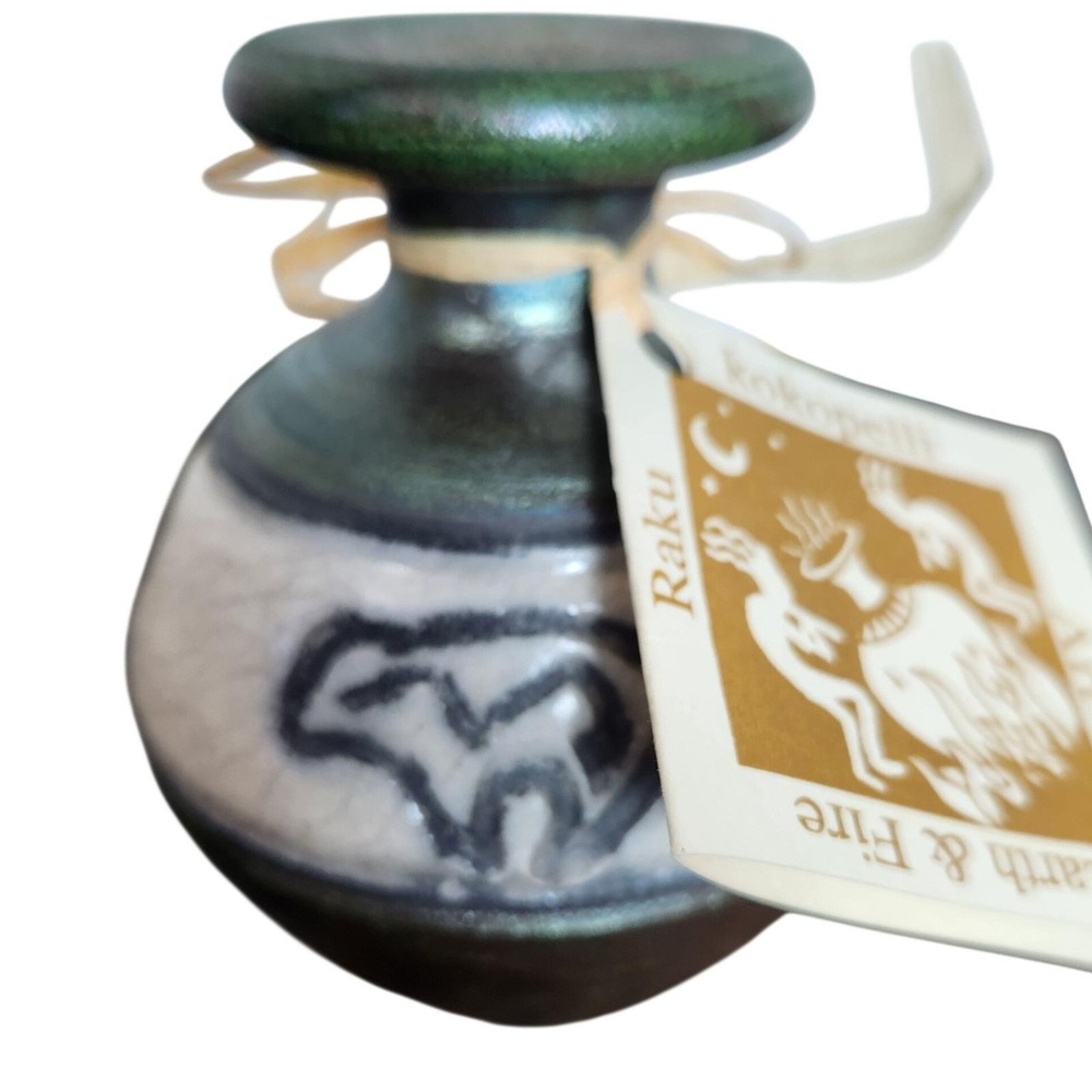 Vintage‎ Kokapelli iridescent green pottery vase Earth & Fire